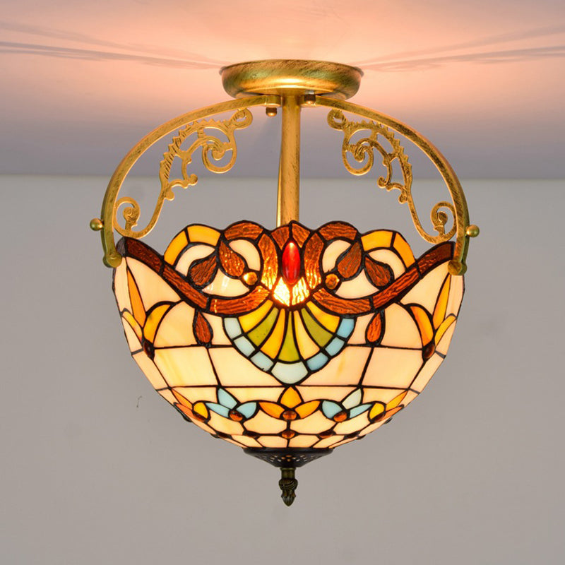 2 Lights Semi Flush Mount Lighting Mediterranean Petal Stained Glass Ceiling Lamp in Yellow/Brown/Blue for Bedroom Clearhalo 'Ceiling Lights' 'Close To Ceiling Lights' 'Close to ceiling' 'Glass shade' 'Glass' 'Semi-flushmount' 'Tiffany close to ceiling' 'Tiffany' Lighting' 359307