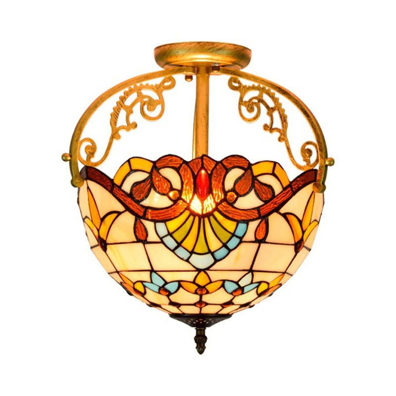 2 Lights Semi Flush Mount Lighting Mediterranean Petal Stained Glass Ceiling Lamp in Yellow/Brown/Blue for Bedroom Clearhalo 'Ceiling Lights' 'Close To Ceiling Lights' 'Close to ceiling' 'Glass shade' 'Glass' 'Semi-flushmount' 'Tiffany close to ceiling' 'Tiffany' Lighting' 359308