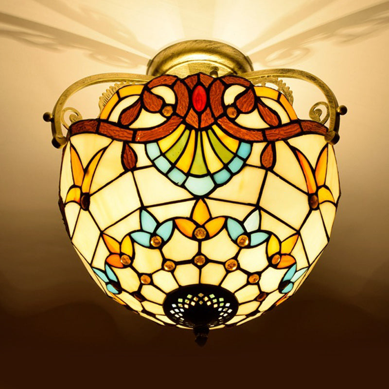 2 Lights Semi Flush Mount Lighting Mediterranean Petal Stained Glass Ceiling Lamp in Yellow/Brown/Blue for Bedroom Clearhalo 'Ceiling Lights' 'Close To Ceiling Lights' 'Close to ceiling' 'Glass shade' 'Glass' 'Semi-flushmount' 'Tiffany close to ceiling' 'Tiffany' Lighting' 359309