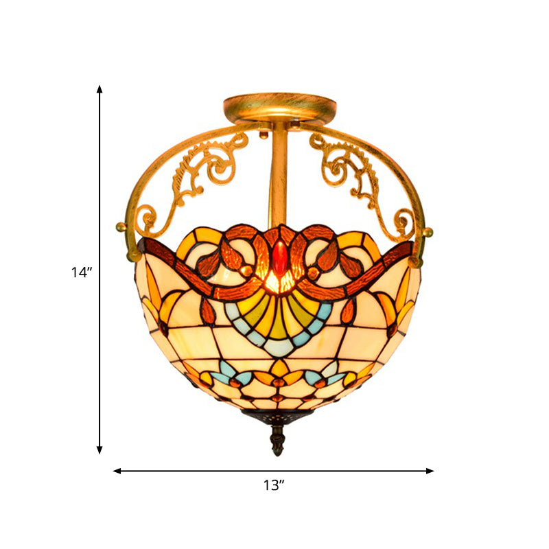 2 Lights Semi Flush Mount Lighting Mediterranean Petal Stained Glass Ceiling Lamp in Yellow/Brown/Blue for Bedroom Clearhalo 'Ceiling Lights' 'Close To Ceiling Lights' 'Close to ceiling' 'Glass shade' 'Glass' 'Semi-flushmount' 'Tiffany close to ceiling' 'Tiffany' Lighting' 359310