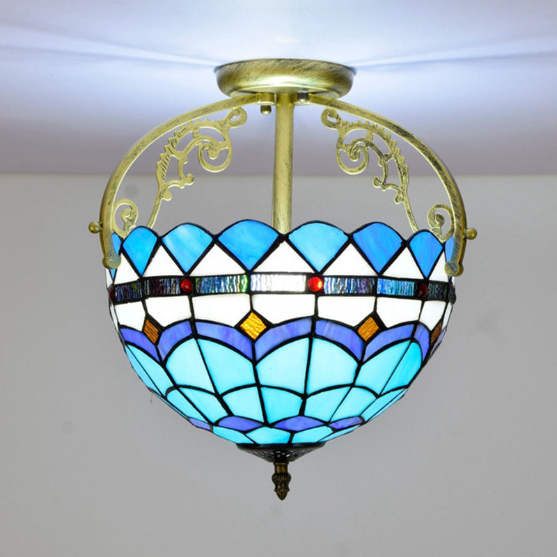 2 Lights Semi Flush Mount Lighting Mediterranean Petal Stained Glass Ceiling Lamp in Yellow/Brown/Blue for Bedroom Clearhalo 'Ceiling Lights' 'Close To Ceiling Lights' 'Close to ceiling' 'Glass shade' 'Glass' 'Semi-flushmount' 'Tiffany close to ceiling' 'Tiffany' Lighting' 359312