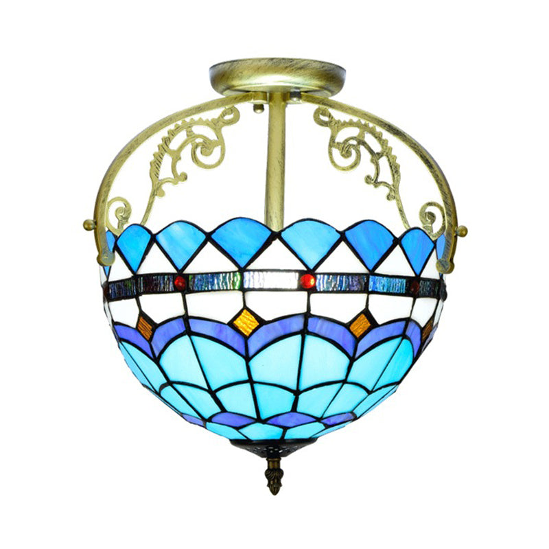 2 Lights Semi Flush Mount Lighting Mediterranean Petal Stained Glass Ceiling Lamp in Yellow/Brown/Blue for Bedroom Clearhalo 'Ceiling Lights' 'Close To Ceiling Lights' 'Close to ceiling' 'Glass shade' 'Glass' 'Semi-flushmount' 'Tiffany close to ceiling' 'Tiffany' Lighting' 359313