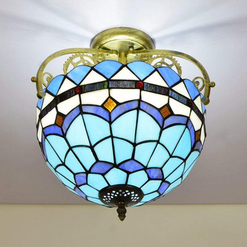 2 Lights Semi Flush Mount Lighting Mediterranean Petal Stained Glass Ceiling Lamp in Yellow/Brown/Blue for Bedroom Clearhalo 'Ceiling Lights' 'Close To Ceiling Lights' 'Close to ceiling' 'Glass shade' 'Glass' 'Semi-flushmount' 'Tiffany close to ceiling' 'Tiffany' Lighting' 359314