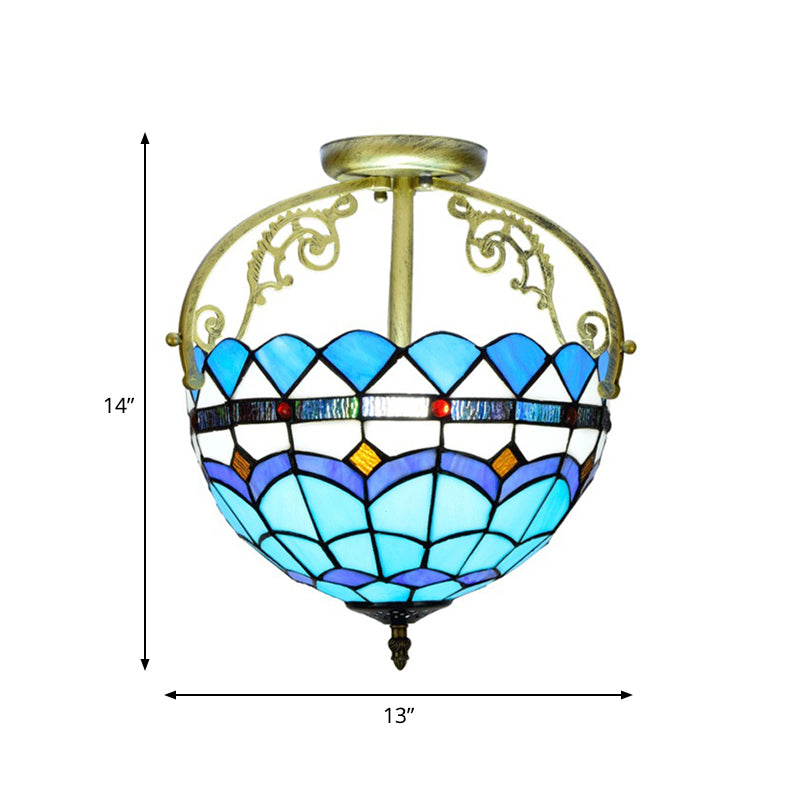 2 Lights Semi Flush Mount Lighting Mediterranean Petal Stained Glass Ceiling Lamp in Yellow/Brown/Blue for Bedroom Clearhalo 'Ceiling Lights' 'Close To Ceiling Lights' 'Close to ceiling' 'Glass shade' 'Glass' 'Semi-flushmount' 'Tiffany close to ceiling' 'Tiffany' Lighting' 359315