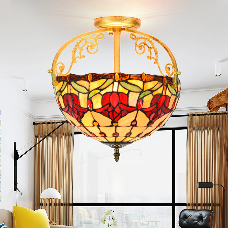 Mediterranean Petal Semi Mount Lighting 2 Lights Stained Art Glass Close to Ceiling Lamp in Yellow Yellow Clearhalo 'Ceiling Lights' 'Close To Ceiling Lights' 'Close to ceiling' 'Glass shade' 'Glass' 'Pendant Lights' 'Semi-flushmount' 'Tiffany close to ceiling' 'Tiffany' Lighting' 359326