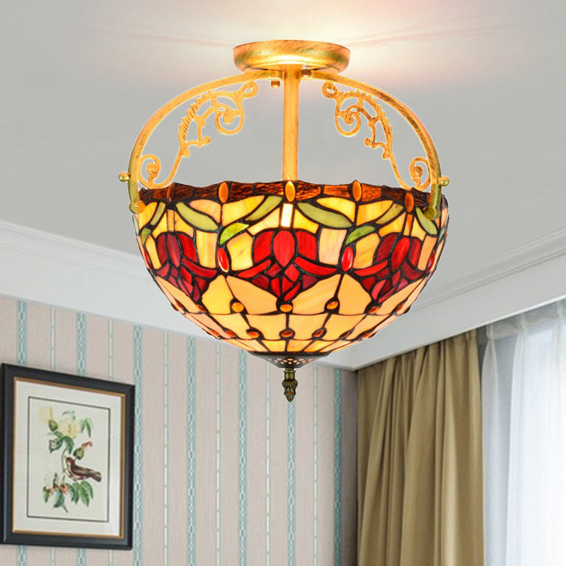Mediterranean Petal Semi Mount Lighting 2 Lights Stained Art Glass Close to Ceiling Lamp in Yellow Clearhalo 'Ceiling Lights' 'Close To Ceiling Lights' 'Close to ceiling' 'Glass shade' 'Glass' 'Pendant Lights' 'Semi-flushmount' 'Tiffany close to ceiling' 'Tiffany' Lighting' 359327