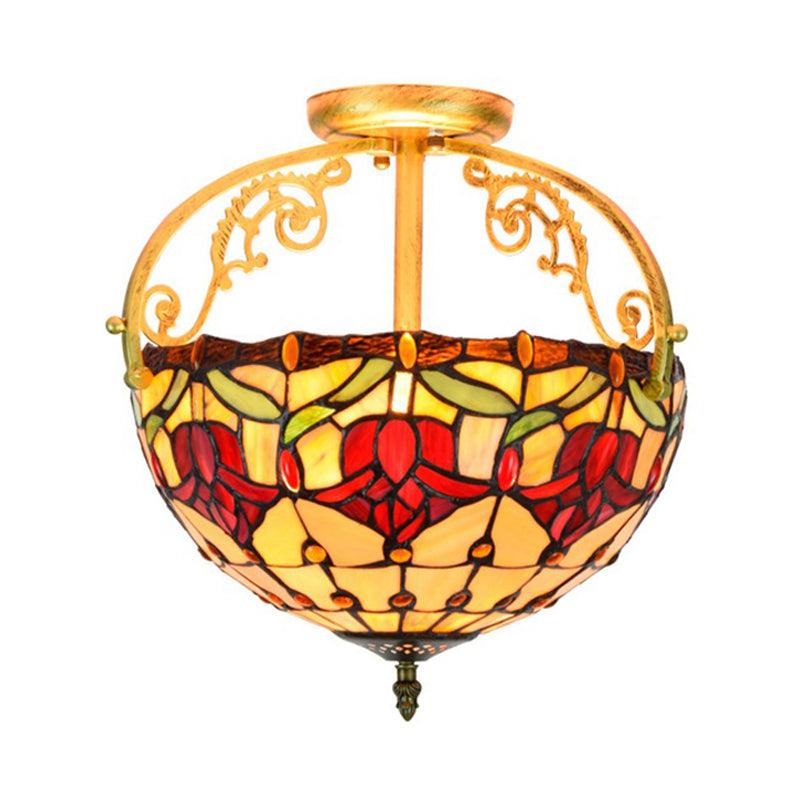 Mediterranean Petal Semi Mount Lighting 2 Lights Stained Art Glass Close to Ceiling Lamp in Yellow Clearhalo 'Ceiling Lights' 'Close To Ceiling Lights' 'Close to ceiling' 'Glass shade' 'Glass' 'Pendant Lights' 'Semi-flushmount' 'Tiffany close to ceiling' 'Tiffany' Lighting' 359328
