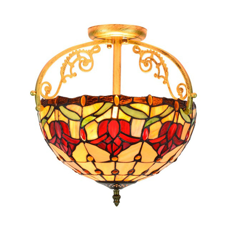 Mediterranean Petal Semi Mount Lighting 2 Lights Stained Art Glass Close to Ceiling Lamp in Yellow Clearhalo 'Ceiling Lights' 'Close To Ceiling Lights' 'Close to ceiling' 'Glass shade' 'Glass' 'Pendant Lights' 'Semi-flushmount' 'Tiffany close to ceiling' 'Tiffany' Lighting' 359328