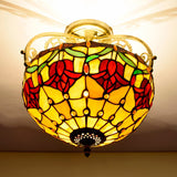 Mediterranean Petal Semi Mount Lighting 2 Lights Stained Art Glass Close to Ceiling Lamp in Yellow Clearhalo 'Ceiling Lights' 'Close To Ceiling Lights' 'Close to ceiling' 'Glass shade' 'Glass' 'Pendant Lights' 'Semi-flushmount' 'Tiffany close to ceiling' 'Tiffany' Lighting' 359329