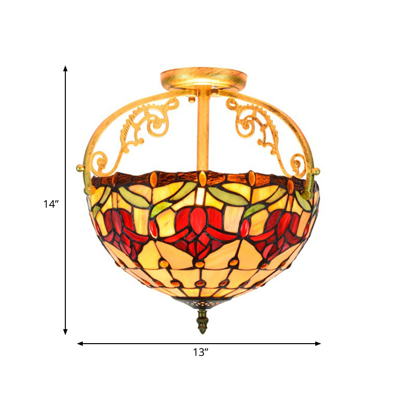 Mediterranean Petal Semi Mount Lighting 2 Lights Stained Art Glass Close to Ceiling Lamp in Yellow Clearhalo 'Ceiling Lights' 'Close To Ceiling Lights' 'Close to ceiling' 'Glass shade' 'Glass' 'Pendant Lights' 'Semi-flushmount' 'Tiffany close to ceiling' 'Tiffany' Lighting' 359330