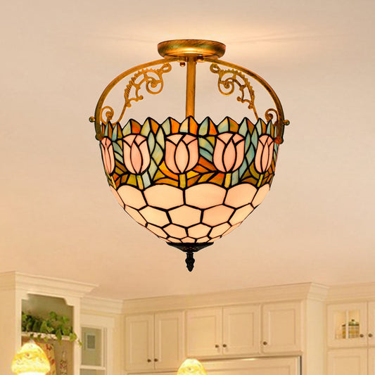 Floral Semi-Flush Mount Tiffany Stained Glass 2 Lights Beige Ceiling Light Fixture for Kitchen Clearhalo 'Ceiling Lights' 'Close To Ceiling Lights' 'Close to ceiling' 'Glass shade' 'Glass' 'Pendant Lights' 'Semi-flushmount' 'Tiffany close to ceiling' 'Tiffany' Lighting' 359338