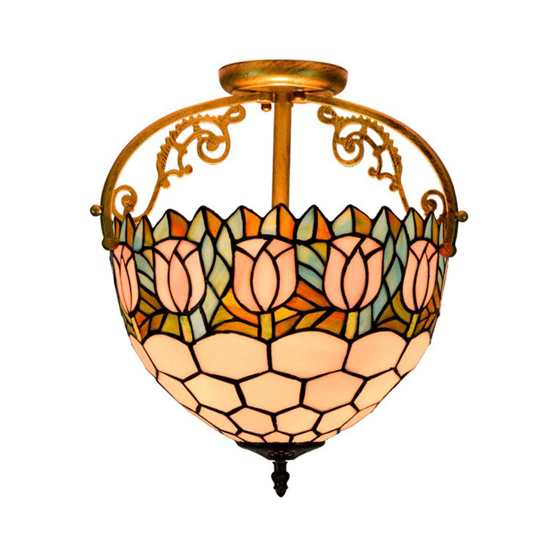 Floral Semi-Flush Mount Tiffany Stained Glass 2 Lights Beige Ceiling Light Fixture for Kitchen Clearhalo 'Ceiling Lights' 'Close To Ceiling Lights' 'Close to ceiling' 'Glass shade' 'Glass' 'Pendant Lights' 'Semi-flushmount' 'Tiffany close to ceiling' 'Tiffany' Lighting' 359339