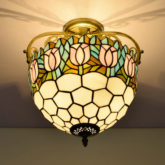 Floral Semi-Flush Mount Tiffany Stained Glass 2 Lights Beige Ceiling Light Fixture for Kitchen Clearhalo 'Ceiling Lights' 'Close To Ceiling Lights' 'Close to ceiling' 'Glass shade' 'Glass' 'Pendant Lights' 'Semi-flushmount' 'Tiffany close to ceiling' 'Tiffany' Lighting' 359340