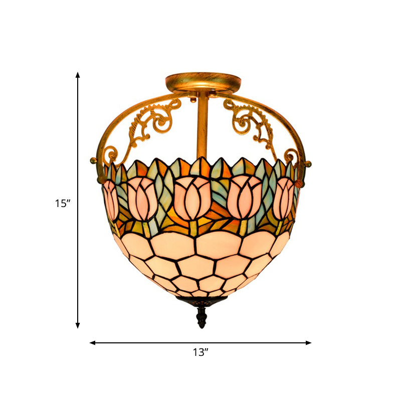 Floral Semi-Flush Mount Tiffany Stained Glass 2 Lights Beige Ceiling Light Fixture for Kitchen Clearhalo 'Ceiling Lights' 'Close To Ceiling Lights' 'Close to ceiling' 'Glass shade' 'Glass' 'Pendant Lights' 'Semi-flushmount' 'Tiffany close to ceiling' 'Tiffany' Lighting' 359341