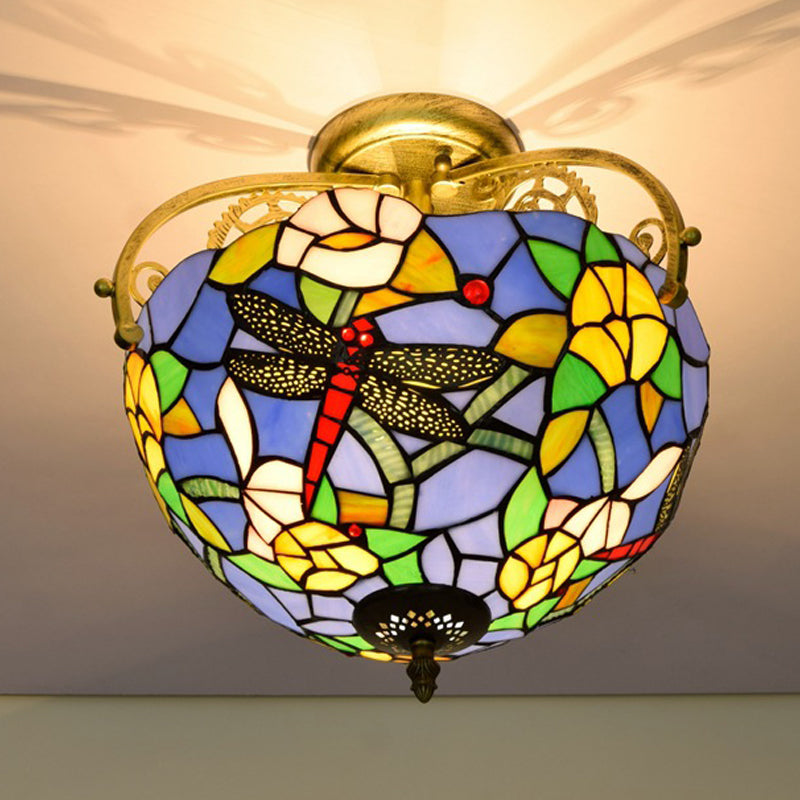 2 Lights Kitchen Semi-Flush Mount Mediterranean Beige/Red/Orange Close to Ceiling Lighting with Dragonfly Cut Glass Shade Clearhalo 'Ceiling Lights' 'Chandeliers' 'Close To Ceiling Lights' 'Close to ceiling' 'Glass shade' 'Glass' 'Pendant Lights' 'Semi-flushmount' 'Tiffany close to ceiling' 'Tiffany' Lighting' 359355