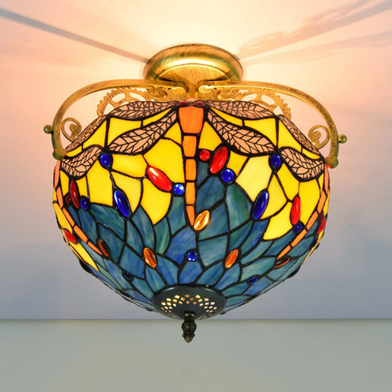 2 Lights Kitchen Semi-Flush Mount Mediterranean Beige/Red/Orange Close to Ceiling Lighting with Dragonfly Cut Glass Shade Clearhalo 'Ceiling Lights' 'Chandeliers' 'Close To Ceiling Lights' 'Close to ceiling' 'Glass shade' 'Glass' 'Pendant Lights' 'Semi-flushmount' 'Tiffany close to ceiling' 'Tiffany' Lighting' 359363