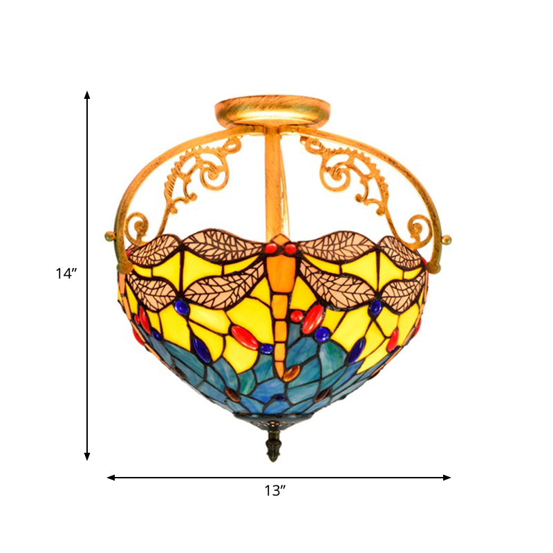 2 Lights Kitchen Semi-Flush Mount Mediterranean Beige/Red/Orange Close to Ceiling Lighting with Dragonfly Cut Glass Shade Clearhalo 'Ceiling Lights' 'Chandeliers' 'Close To Ceiling Lights' 'Close to ceiling' 'Glass shade' 'Glass' 'Pendant Lights' 'Semi-flushmount' 'Tiffany close to ceiling' 'Tiffany' Lighting' 359364