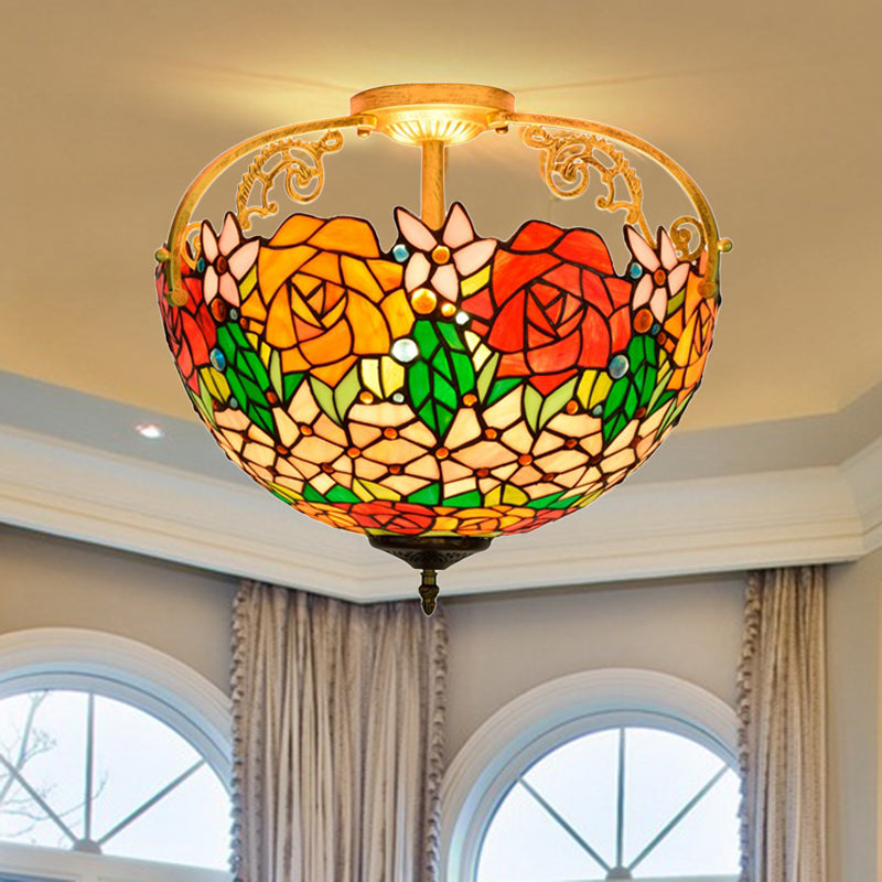 Cut Glass Rose Semi Flush Lighting Mediterranean 3 Lights Beige/Pink/Orange Ceiling Mounted Fixture Clearhalo 'Ceiling Lights' 'Close To Ceiling Lights' 'Close to ceiling' 'Glass shade' 'Glass' 'Pendant Lights' 'Semi-flushmount' 'Tiffany close to ceiling' 'Tiffany' Lighting' 359376