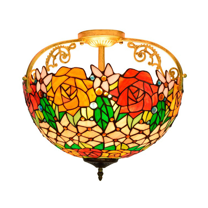 Cut Glass Rose Semi Flush Lighting Mediterranean 3 Lights Beige/Pink/Orange Ceiling Mounted Fixture Clearhalo 'Ceiling Lights' 'Close To Ceiling Lights' 'Close to ceiling' 'Glass shade' 'Glass' 'Pendant Lights' 'Semi-flushmount' 'Tiffany close to ceiling' 'Tiffany' Lighting' 359377