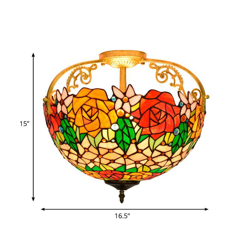 Cut Glass Rose Semi Flush Lighting Mediterranean 3 Lights Beige/Pink/Orange Ceiling Mounted Fixture Clearhalo 'Ceiling Lights' 'Close To Ceiling Lights' 'Close to ceiling' 'Glass shade' 'Glass' 'Pendant Lights' 'Semi-flushmount' 'Tiffany close to ceiling' 'Tiffany' Lighting' 359379