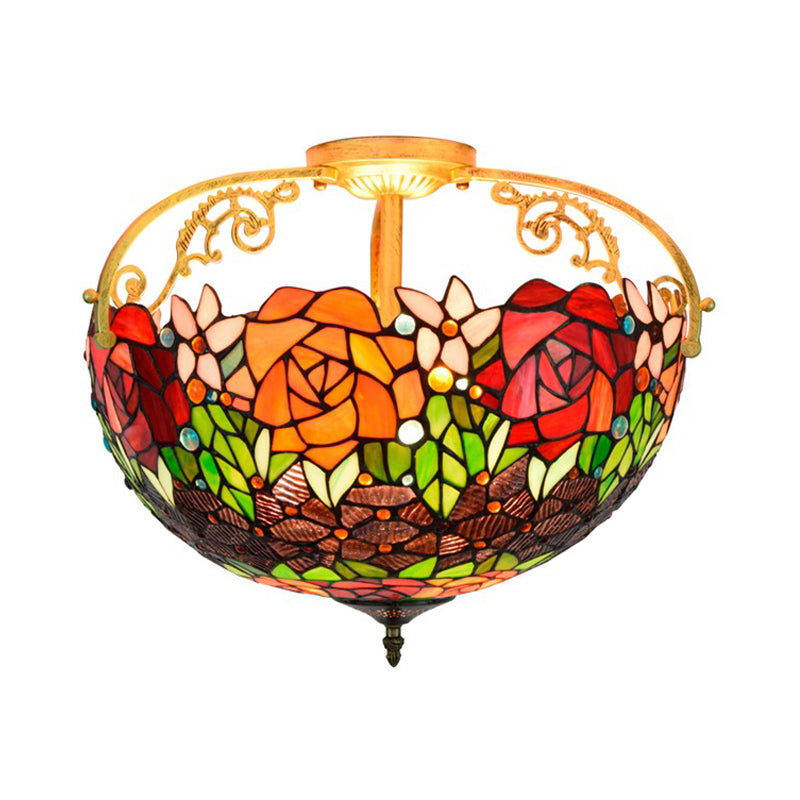 Cut Glass Rose Semi Flush Lighting Mediterranean 3 Lights Beige/Pink/Orange Ceiling Mounted Fixture Clearhalo 'Ceiling Lights' 'Close To Ceiling Lights' 'Close to ceiling' 'Glass shade' 'Glass' 'Pendant Lights' 'Semi-flushmount' 'Tiffany close to ceiling' 'Tiffany' Lighting' 359381