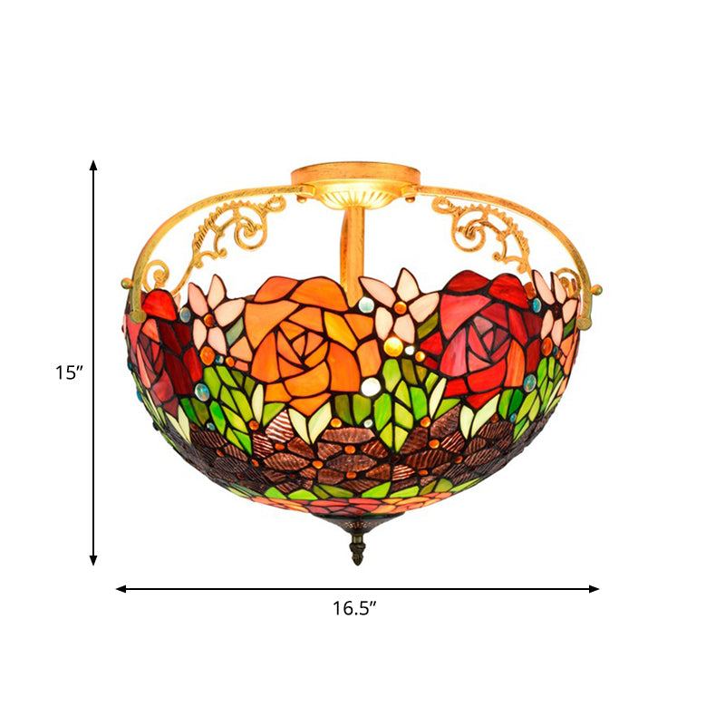 Cut Glass Rose Semi Flush Lighting Mediterranean 3 Lights Beige/Pink/Orange Ceiling Mounted Fixture Clearhalo 'Ceiling Lights' 'Close To Ceiling Lights' 'Close to ceiling' 'Glass shade' 'Glass' 'Pendant Lights' 'Semi-flushmount' 'Tiffany close to ceiling' 'Tiffany' Lighting' 359383