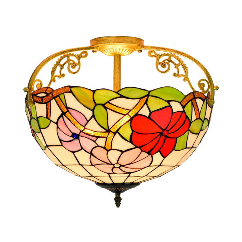 Cut Glass Rose Semi Flush Lighting Mediterranean 3 Lights Beige/Pink/Orange Ceiling Mounted Fixture Clearhalo 'Ceiling Lights' 'Close To Ceiling Lights' 'Close to ceiling' 'Glass shade' 'Glass' 'Pendant Lights' 'Semi-flushmount' 'Tiffany close to ceiling' 'Tiffany' Lighting' 359385