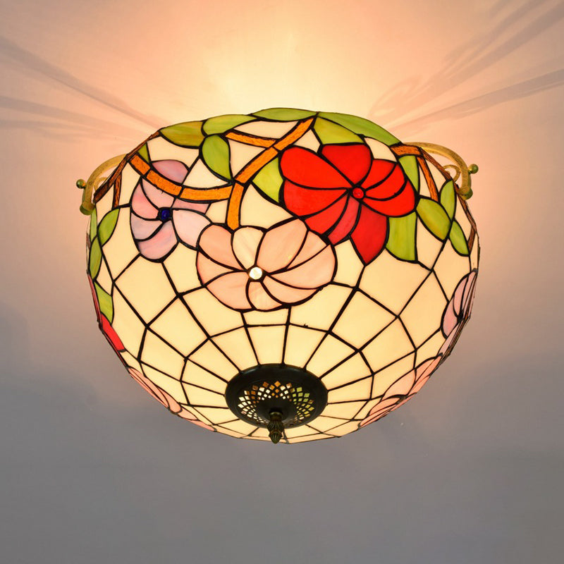 Cut Glass Rose Semi Flush Lighting Mediterranean 3 Lights Beige/Pink/Orange Ceiling Mounted Fixture Clearhalo 'Ceiling Lights' 'Close To Ceiling Lights' 'Close to ceiling' 'Glass shade' 'Glass' 'Pendant Lights' 'Semi-flushmount' 'Tiffany close to ceiling' 'Tiffany' Lighting' 359386