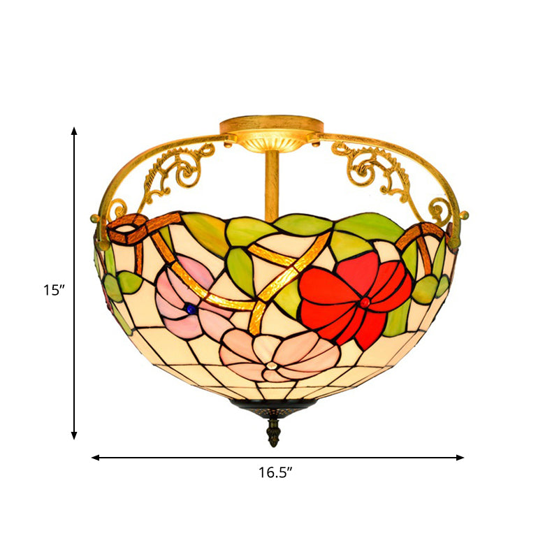 Cut Glass Rose Semi Flush Lighting Mediterranean 3 Lights Beige/Pink/Orange Ceiling Mounted Fixture Clearhalo 'Ceiling Lights' 'Close To Ceiling Lights' 'Close to ceiling' 'Glass shade' 'Glass' 'Pendant Lights' 'Semi-flushmount' 'Tiffany close to ceiling' 'Tiffany' Lighting' 359387