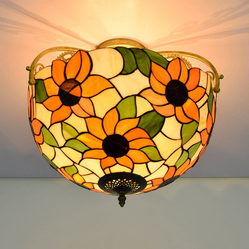 Cut Glass Rose Semi Flush Lighting Mediterranean 3 Lights Beige/Pink/Orange Ceiling Mounted Fixture Clearhalo 'Ceiling Lights' 'Close To Ceiling Lights' 'Close to ceiling' 'Glass shade' 'Glass' 'Pendant Lights' 'Semi-flushmount' 'Tiffany close to ceiling' 'Tiffany' Lighting' 359390