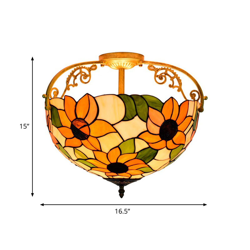 Cut Glass Rose Semi Flush Lighting Mediterranean 3 Lights Beige/Pink/Orange Ceiling Mounted Fixture Clearhalo 'Ceiling Lights' 'Close To Ceiling Lights' 'Close to ceiling' 'Glass shade' 'Glass' 'Pendant Lights' 'Semi-flushmount' 'Tiffany close to ceiling' 'Tiffany' Lighting' 359391