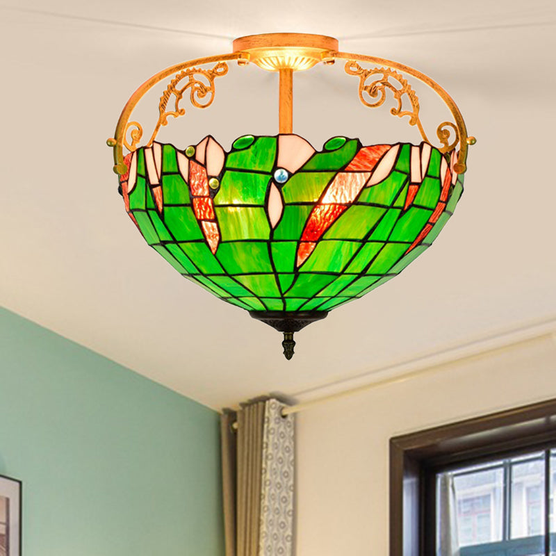 Green Bowl Semi Flush Lighting Tiffany 3 Lights Stained Glass Close to Ceiling Lamp for Bedroom