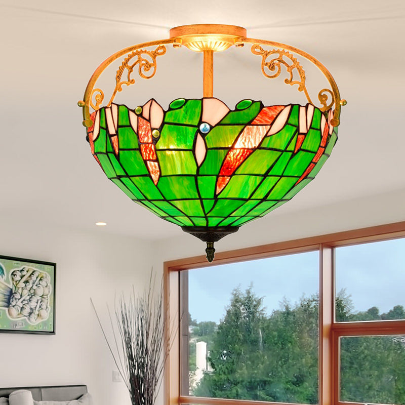 Green Bowl Semi Flush Lighting Tiffany 3 Lights Stained Glass Close to Ceiling Lamp for Bedroom Clearhalo 'Ceiling Lights' 'Close To Ceiling Lights' 'Close to ceiling' 'Glass shade' 'Glass' 'Pendant Lights' 'Semi-flushmount' 'Tiffany close to ceiling' 'Tiffany' Lighting' 359399