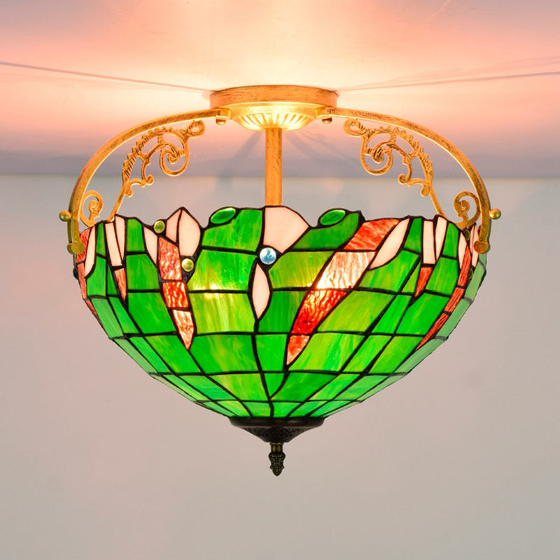 Green Bowl Semi Flush Lighting Tiffany 3 Lights Stained Glass Close to Ceiling Lamp for Bedroom