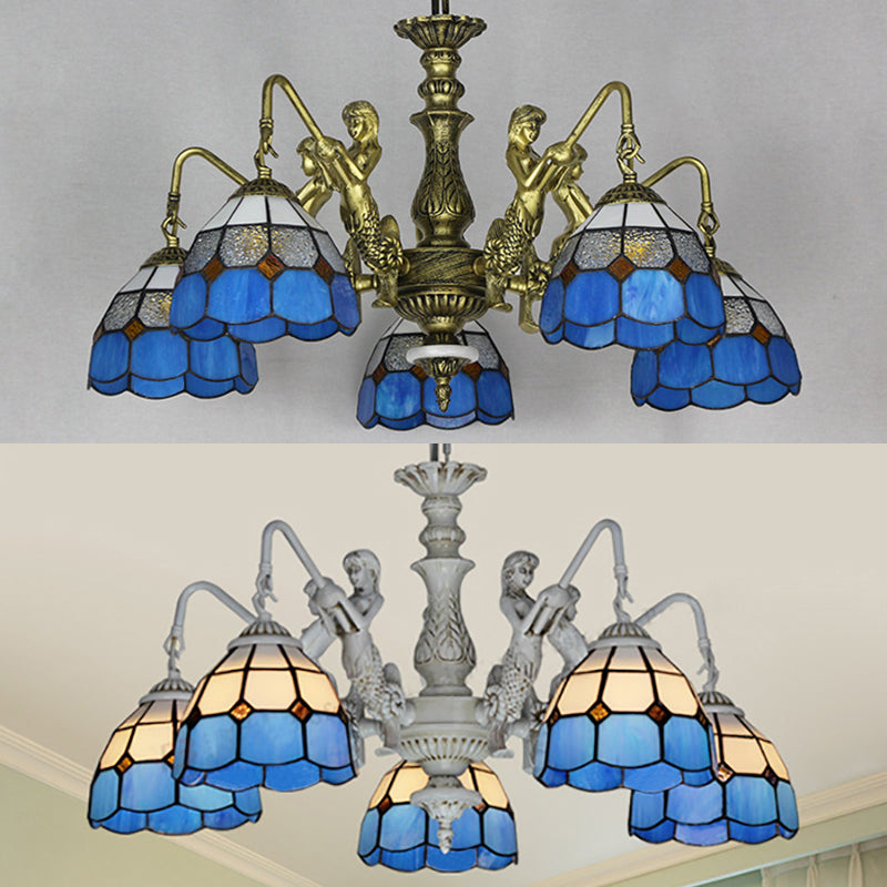 Cut Glass White/Antique Brass Pendant Lamp Dome 5 Lights Tiffany Chandelier Light with Mermaid Deco Clearhalo 'Ceiling Lights' 'Chandeliers' 'Industrial' 'Middle Century Chandeliers' 'Tiffany Chandeliers' 'Tiffany close to ceiling' 'Tiffany' Lighting' 35942