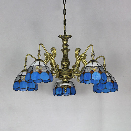 Cut Glass White/Antique Brass Pendant Lamp Dome 5 Lights Tiffany Chandelier Light with Mermaid Deco Antique Brass Clearhalo 'Ceiling Lights' 'Chandeliers' 'Industrial' 'Middle Century Chandeliers' 'Tiffany Chandeliers' 'Tiffany close to ceiling' 'Tiffany' Lighting' 35943