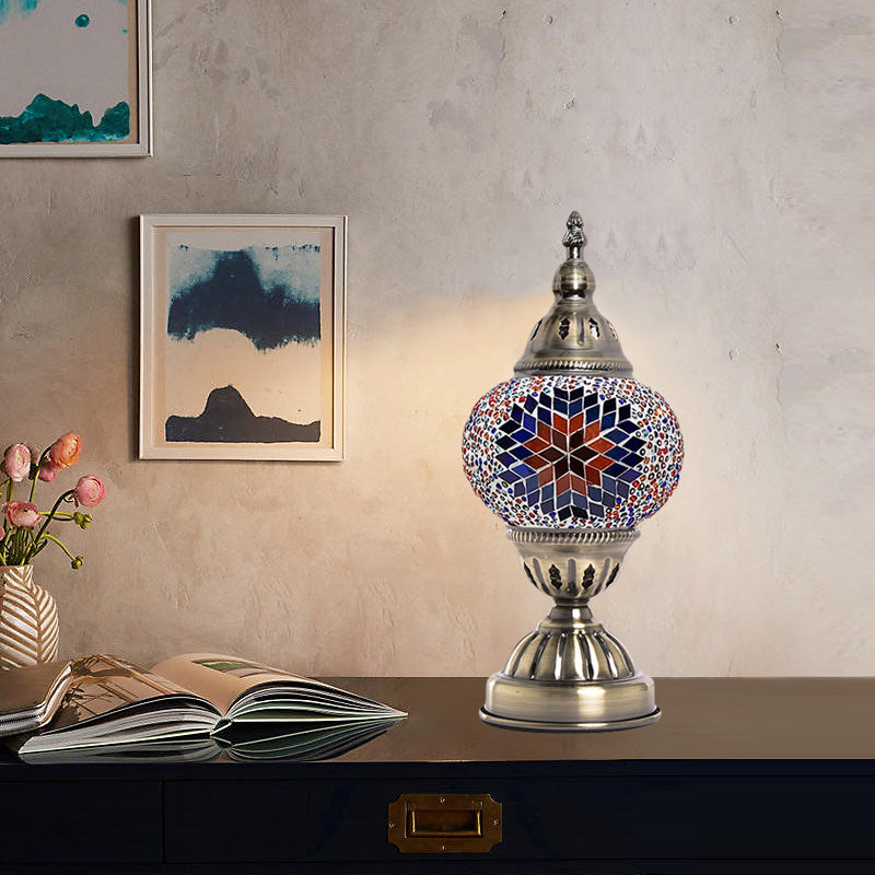 Tower Shape Bedroom Table Lamp Art Deco Stained Glass 1 Light Purple/Red and Green/Red and Blue Nightstand Light Clearhalo 'Lamps' 'Table Lamps' Lighting' 359444