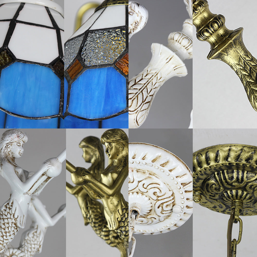 Cut Glass White/Antique Brass Pendant Lamp Dome 5 Lights Tiffany Chandelier Light with Mermaid Deco Clearhalo 'Ceiling Lights' 'Chandeliers' 'Industrial' 'Middle Century Chandeliers' 'Tiffany Chandeliers' 'Tiffany close to ceiling' 'Tiffany' Lighting' 35945