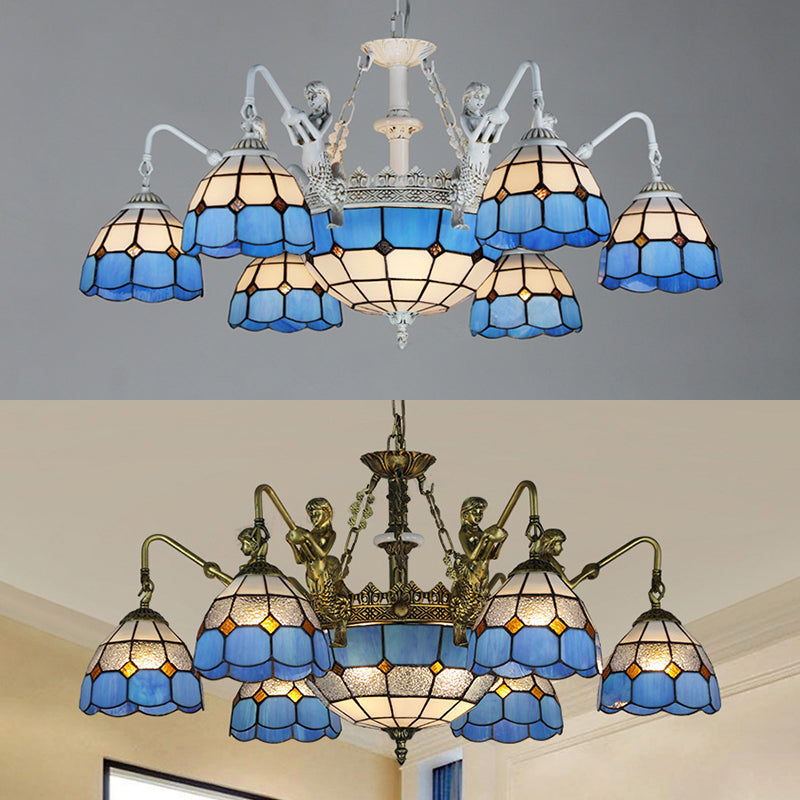 9 Lights Ceiling Light Tiffany Grid Patterned Stained Glass Hanging Chandelier in White/Antique Brass Clearhalo 'Ceiling Lights' 'Chandeliers' 'Industrial' 'Middle Century Chandeliers' 'Tiffany Chandeliers' 'Tiffany close to ceiling' 'Tiffany' Lighting' 35947