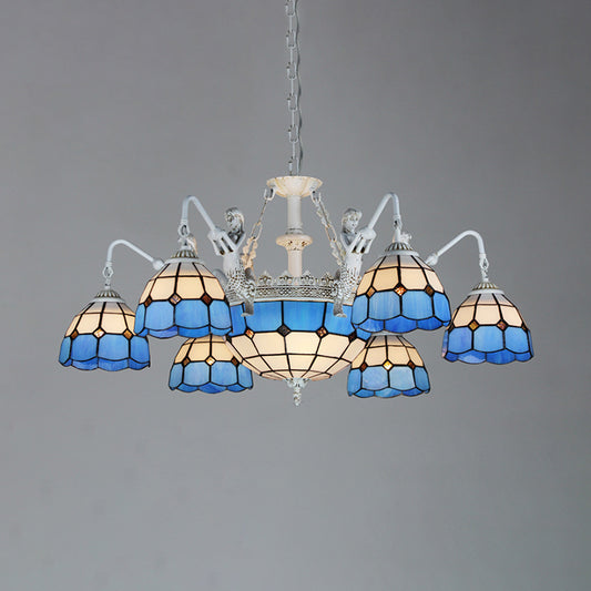 9 Lights Ceiling Light Tiffany Grid Patterned Stained Glass Hanging Chandelier in White/Antique Brass White Clearhalo 'Ceiling Lights' 'Chandeliers' 'Industrial' 'Middle Century Chandeliers' 'Tiffany Chandeliers' 'Tiffany close to ceiling' 'Tiffany' Lighting' 35948