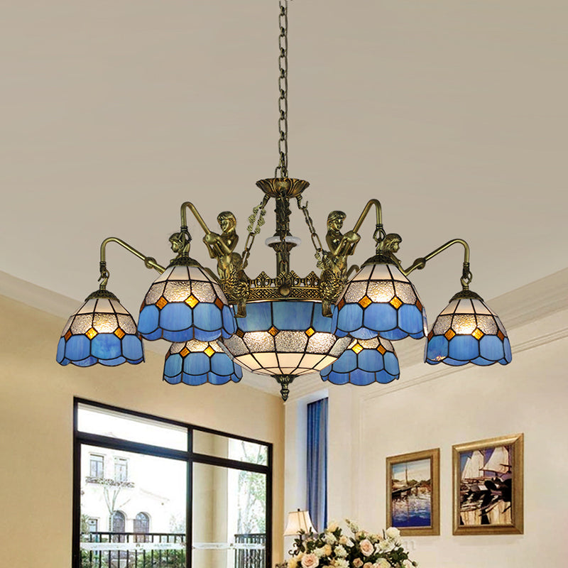 9 Lights Ceiling Light Tiffany Grid Patterned Stained Glass Hanging Chandelier in White/Antique Brass Antique Brass Clearhalo 'Ceiling Lights' 'Chandeliers' 'Industrial' 'Middle Century Chandeliers' 'Tiffany Chandeliers' 'Tiffany close to ceiling' 'Tiffany' Lighting' 35949