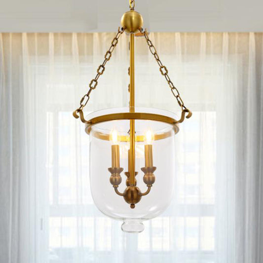 3 Bulbs Restaurant Hanging Pendant Modern Gold Down Lighting with Bell Clear Glass Shade, 14"/16" W Clearhalo 'Ceiling Lights' 'Chandeliers' 'Glass shade' 'Glass' 'Modern Chandeliers' 'Modern' 'Pendant Lights' Lighting' 359527