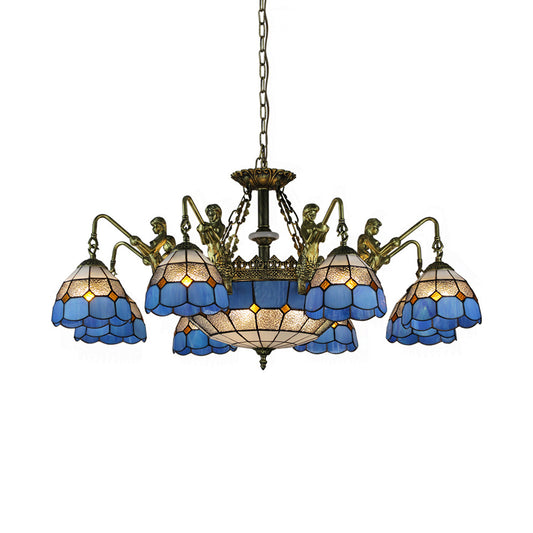 White/Antique Brass Domed Chandelier Lamp Tiffany 11 Lights Stained Glass Hanging Light Clearhalo 'Ceiling Lights' 'Chandeliers' 'Industrial' 'Middle Century Chandeliers' 'Tiffany Chandeliers' 'Tiffany close to ceiling' 'Tiffany' Lighting' 35953