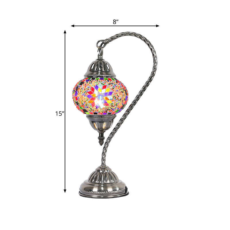 1 Bulb Night Lamp Mediterranean Teardrop Shaped Purple/Yellow and Red/Red Brown Stained Glass Nightstand Light with Gooseneck Arm Clearhalo 'Lamps' 'Table Lamps' Lighting' 359546