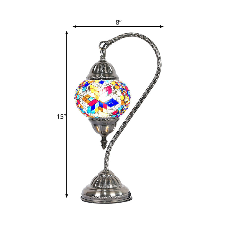 1 Bulb Night Lamp Mediterranean Teardrop Shaped Purple/Yellow and Red/Red Brown Stained Glass Nightstand Light with Gooseneck Arm Clearhalo 'Lamps' 'Table Lamps' Lighting' 359555