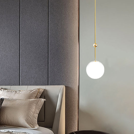 1 Head Bedroom Suspension Light Simple Gold LED Hanging Pendant with Ball Milk Glass Shade, 39"/47" H Gold Clearhalo 'Ceiling Lights' 'Glass shade' 'Glass' 'Modern Pendants' 'Modern' 'Pendant Lights' 'Pendants' Lighting' 359561