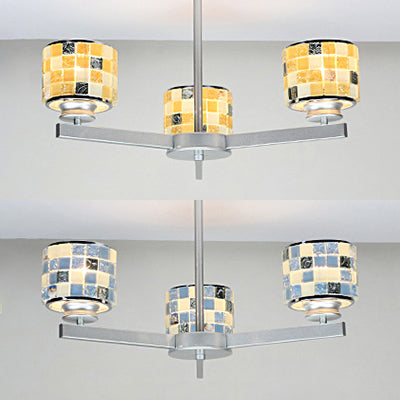 3 Lights Mosaic Chandelier with Drum Shade Modernism Indoor Pendant Light in Blue/Yellow for Bathroom Clearhalo 'Ceiling Lights' 'Chandeliers' 'Industrial' 'Middle Century Chandeliers' 'Tiffany Chandeliers' 'Tiffany close to ceiling' 'Tiffany' Lighting' 35959