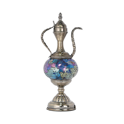 Vintage Teapot Shaped Night Table Lamp 1 Bulb Pink/Purple/Blue and Purple Stained Glass Nightstand Light for Bedroom Blue-Purple Clearhalo 'Lamps' 'Table Lamps' Lighting' 359593