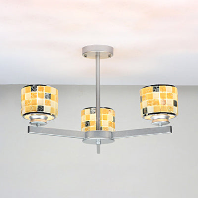 3 Lights Mosaic Chandelier with Drum Shade Modernism Indoor Pendant Light in Blue/Yellow for Bathroom Yellow Clearhalo 'Ceiling Lights' 'Chandeliers' 'Industrial' 'Middle Century Chandeliers' 'Tiffany Chandeliers' 'Tiffany close to ceiling' 'Tiffany' Lighting' 35960