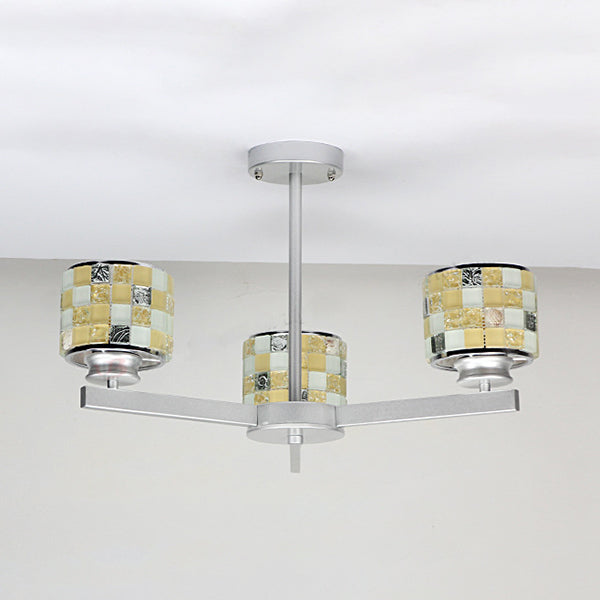 3 Lights Mosaic Chandelier with Drum Shade Modernism Indoor Pendant Light in Blue/Yellow for Bathroom Clearhalo 'Ceiling Lights' 'Chandeliers' 'Industrial' 'Middle Century Chandeliers' 'Tiffany Chandeliers' 'Tiffany close to ceiling' 'Tiffany' Lighting' 35961